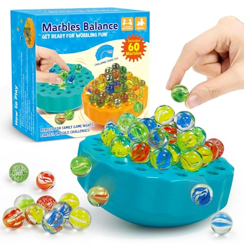 Ninigai Wobble Marble Game - Balance Stacking Game for Kids 6-12 & Families - Fun Birthday Party Games with 60 Glass Marbles, Dice & Challenge Cards - Indoor Tabletop Toy for 1-4 Players