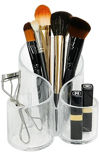 Amtido Clear Plastic Makeup Brush Organiser – Stylish Cosmetic Holder with 3 Compartments for Brushes, Lipsticks, and Beauty Essentials – Ideal for Vanity or Bathroom Use