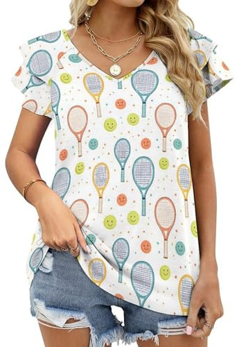 Maglietta estiva da donna con stampa racchetta da tennis colorata, abbigliamento alla moda, magliette con scollo a V per le donne alla moda 2025, Stile 24, XL