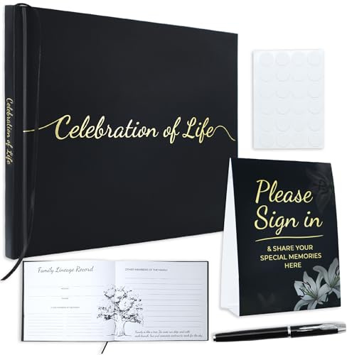 Funeral Memory Book Set, Leather Hardcover Book of Condolences Memory Book with Pen, Table Sign & Photo Tape, Remembrance Condolence Book for Funerals, Memorial Services, and Celebration of Life Event