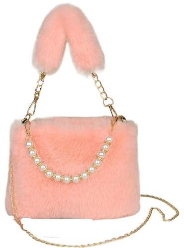 Générique Plyschväskor för kvinnor Fluffy Pearl handväska, trendig axelväska för kvinnor, kedjedesign, liten storlek, mångsidig, höst-vinter