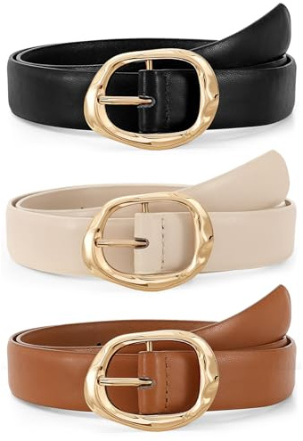 JASGOOD 3 Pack Women Belts for Jeans Pants Ladies Leather Waist Belt Casual Fashion Trend Belt for Women with Gold Buckle