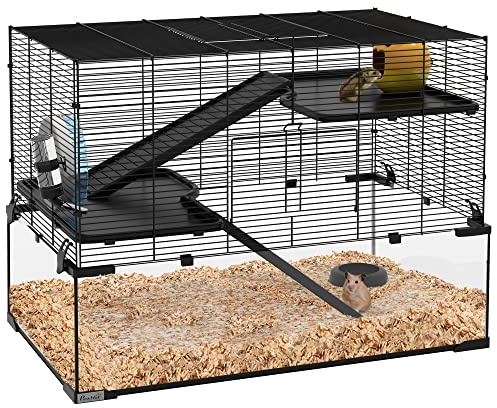 PawHut Cage Hamster, Cage Rongeur, 3 Niveaux avec Roue, rampes, maisonnette, Abreuvoir, mangeoire, 76,5L x 48,5l x 54,5H cm, Noir