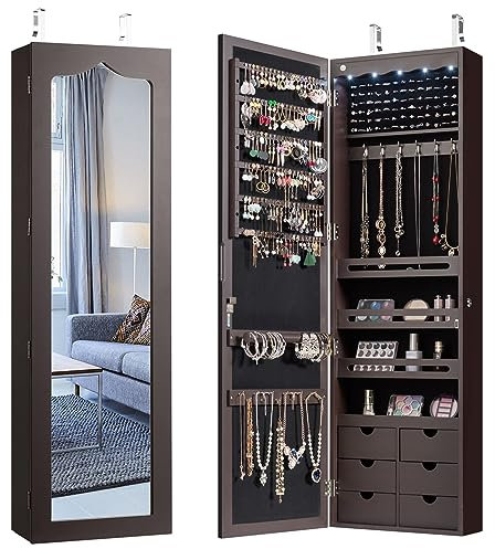 COSTWAY Armadio Specchio Portagioie da Parete e Porta, Specchiera Portagioielli con 5 Luci LED e 6 Cassettiera, con Serratura, Organizer Porta Gioie, Regali per Lei (Marrone)