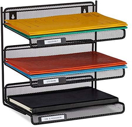 Relaxdays Portalettere in Metallo, 3 Scomparti Incavo per Targhette Identificative, per Ufficio HLP 32x33x25 cm ca, Nero