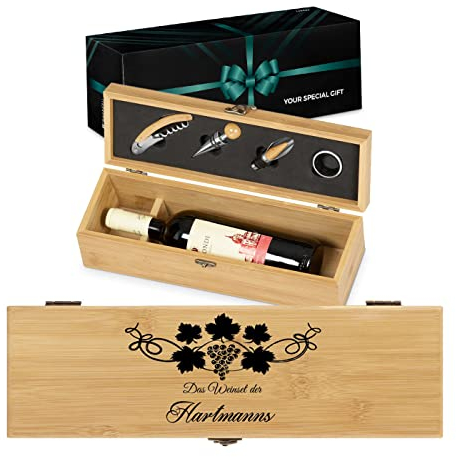 Maverton Weinbox für 0,7L Weinflasche - Wein Holzbox personalisiert + 4er Weinzubehör - Weinset Weinkiste - aus Bambus - Braun - Geschenk zur Hochzeit Paare - Weintraube