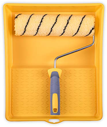 HARDY WORKING TOOLS Maler Set, Farbrolle, Farbwanne und Farbwalzen aus Polyester, Florhöhe 13mm, Länge 25cm, Durchmesse 48mm, gelb-schwarz-grau, A0180-521000