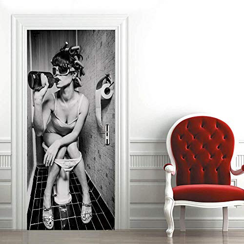 Papier Peint Porte Trompe l'oeil77x200cm Toilette & femme Sticker Porte 3D Poster de porte Affiche de porte Autocollant Amovible auto-adhésif Imperméable pour Enfants Adulte Chambre Salon