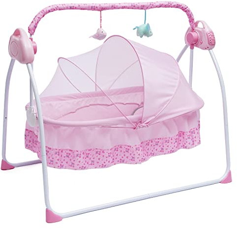 ROMYIX 0-25Kg Big Space Electric Baby Crib Cradle Infant Rocker Auto Swing Bed Baby Cradle,Smart Baby Cradle, Newborns Carrier Infant Bed Folding Toddler Cradle (Pink)