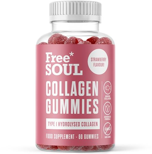 Collagen Gummies by Free Soul | High Strength Marine Collagen Supplement | Advanced Superior Type 1 Hydrolysed Collagen Peptides | Triple Strength Pure Formulation Supplement | 60 Gummies