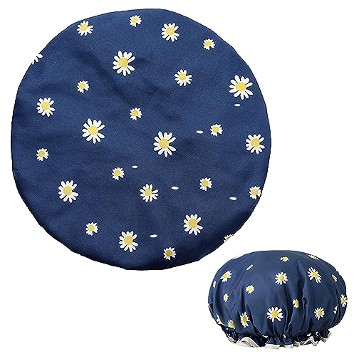 Duschhaube für Damen, doppellagige, wasserdichte Duschhaube mit einzigartigem Blumenmuster, wiederverwendbare Duschhaube für lange, kurze, lockige Haare (blau)