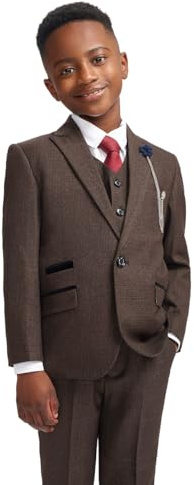 Boys Tweed Houndstooth Check Suit Slim Fit, Brown, 3 Piece Caridi Age 12 Years