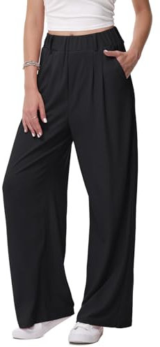 HMIYA Weite Hosen Damen-Lässig Locker Stoffhose Leichte Palazzo Hose Hohe Taille Dünne Herbst Hosen mit Tasche,Schwarze,XL/32L