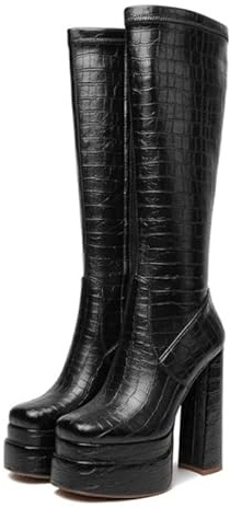 VERISSON Bottes à plateforme à talon bloc - Tige longue - Genou - Talons hauts - Bout carré, Noir reptile, 41 EU