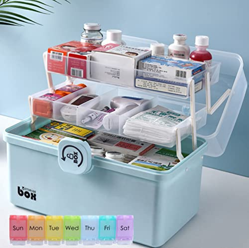 NCRGB Scatola per medicinali blu, 39 × 22 × 28 cm, 3 ripiani, armadietto per farmacia, scatola medica, contenitore con coperchio, grande scatola richiudibile, per camera da letto, ufficio