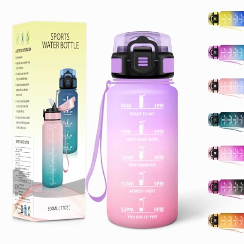 Gourde, 500ML Avec de la Paille, Gourdes Enfant, Sans BPA, Gourde Sport, Bouteille d'eau de Motivation avec Marqueur de Temps, Bouteille Enfant Paille pour École, Sport, Yoga - Violet clair&Rose clair