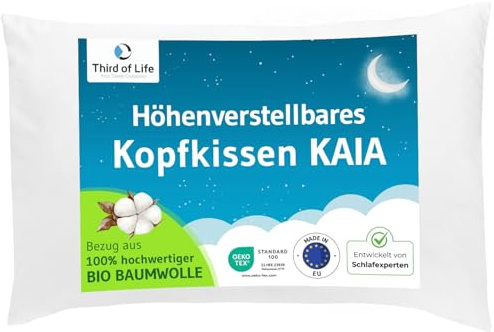Höhenverstellbares Kissen 40x60, Bezug aus Bio-Baumwolle - made in EU, Ergonomisches Kopfkissen 40 x 60 cm, Polster für Seitenschläfer, Rückenschläfer, Bauchschläfer, Nachhaltiges Schlafkissen KAIA