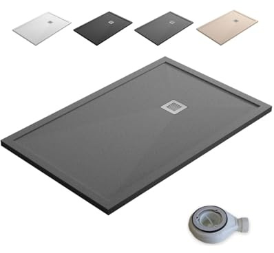 Plato de Ducha de Resina con Borde Extraplano Antideslizante Valvula y Rejilla | Textura Piedra | Gris Cemento | 70 X 90 cm