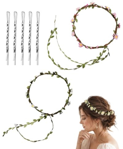SCJJZ 2 Piezas Diadema de Flores para Mujer con 5 Horquillas Rectas Corona de Flores de Margaritas y Hojas Accesorios para el Cabello Boho para Fiesta de Bodas Cumpleaños Festivales