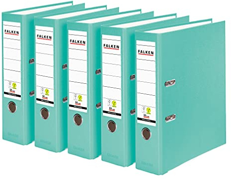 Original Falken 5er Pack PP-Color Kunststoff-Ordner. Made in Germany. 8 cm breit DIN A4 Pastell-Farbe türkis Vegan Ringordner Aktenordner Briefordner Büroordner Plastikordner Schlitzordner