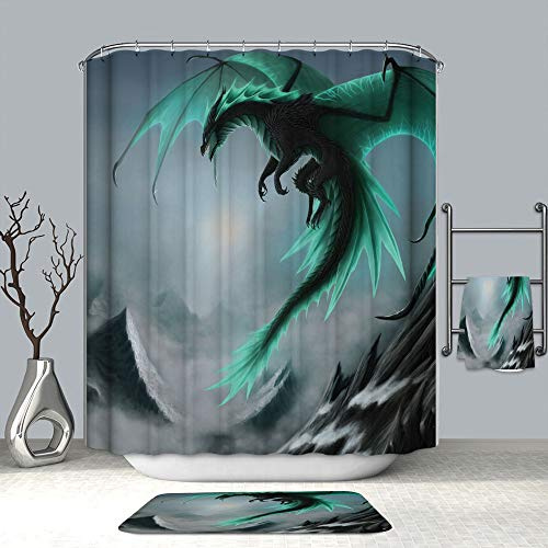 Chickwin Chickw1 Drachen Duschvorhang Wasserdicht Anti-Schimmel Anti-Bakteriell mit 12 Haken Duschvorhangringe Polyester Bad Vorhang für Badezimmer Decor 3D Drucken (Grüner Drache,90x180cm)