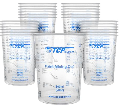 TCP Global 20 oz. (600ml) Graduated Plastic Mixing Cups - Box of 25 - Disposable Plastic Measuring Cups for Liquids, Paints, Resin, Epoxy, Art, Kitchen - Ratios 2-1, 3-1, 4-1 ML