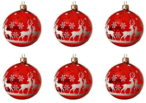 Decoris julgranskulor glas 8 cm x 6 stycken med motiv renar munblåst handmålad transparent röd vit