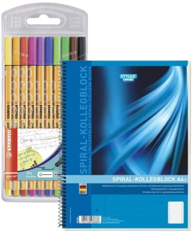 Dittmeier Stabilo Finliner Point 88 10er Etui + linierter Collegeblock, Schulstarterset, Büroset, Schreibset