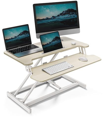 VonHaus Standing Desk Converter, Height Adjustable Computer Workstation with Keyboard Shelf, Dual Monitor Desk Riser w/Tablet Holder - 80x40cm (Light Wood)