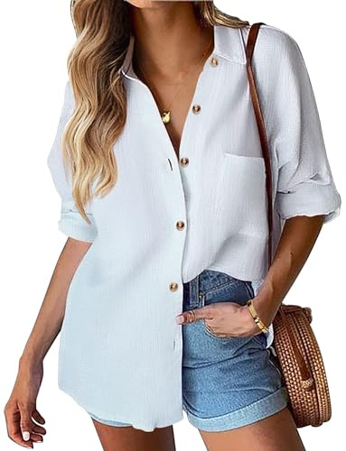 Hotouch Damblus bomull skjorta fritid långärmad skjorta blus v-ringad elegant för knappar långärmad skjorta casual arbetströja S–XXL, 1a-vit, L