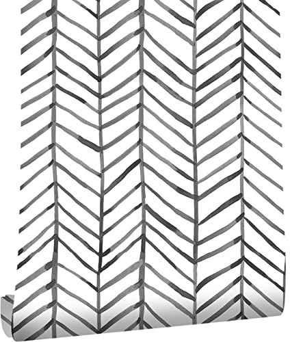 JOLIHOME Geometrische Tapete Schwarz und Weiß Selbstklebendes Kontaktpapier Fischgrätenstreifen Vinyl Aufkleber für Wohnzimmer Schlafzimmer Küche Büro Badezimmer 44,5x500cm