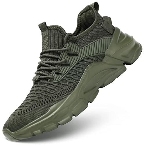 Srenket Men's Running Shoes Non Slip Shoes Breathable Lightweight Fashion Sneakers Slip Resistant Athletic Sports Walking Gym Work Shoes ArmyGreen