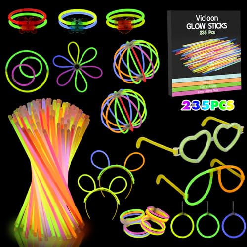 Vicloon Knicklichter, 235 Stück Knicklichter Party Set,100 Neon Leuchtstäbe mit 135 Verbinder, Brillen, Ohrringe, viel Zubehör,glow sticks party pack für Hochzeiten Geburtstage Festivals Party