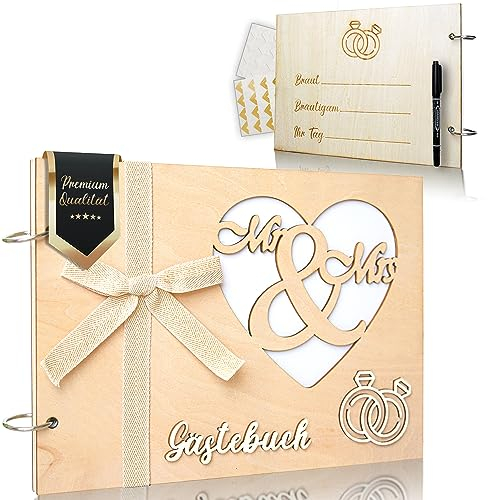 happysight® Hochzeit Gästebuch - Gästebuch Hochzeit Holz - 60 Innenseiten - inkl. Stift & Fotoecken Set - Individuell selbst gestalten und Personalisieren - Hochwertiges & Edles Holzcover!