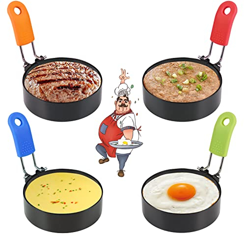 Rairsky Set 4 Pezzi Anelli per Uova in Acciaio Inox, Stampo Antiaderente per Colazione Uova Fritte e Pancake, Stampo per Uova con Pieghevoli Manico in Silicone Antiscottatura, Anello per Uova Fritte