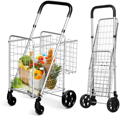 COSTWAY Vikbar shoppingvagn med universalhjul och dubbla korgar, 48 l + 10 l, bärbar handvagn med justerbart handtag, rullvagn, universalvagn för tvätt, shopping, bagage (silver)