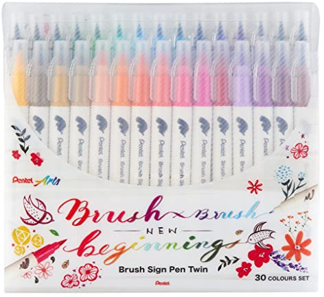 Pentel SESW30C-30 Brush Sign Pen Twin, 30 Colour Set, Fibre Tip Pens with Two Flexible Tips, Water-based Ink, Assorted, Pack of 30