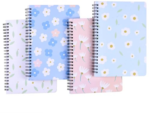 SIAZIH Notizbuch A5 Liniert 4 Stück, Spiralblock A5 Notizblock(160 Seiten), Hardcover Ringblock Leicht zu transportierende - Cartoon Blumen, J.Frischerer,