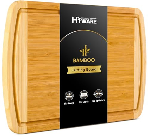 Large Wooden Cutting Board for Kitchen Meal Prep & Serving - Bamboo Cutting Boards with Juice Groove Side Handles, Charcuterie & Chopping Butcher Block - 100% Organic Bamboo, Pre Oiled, 16 x 10