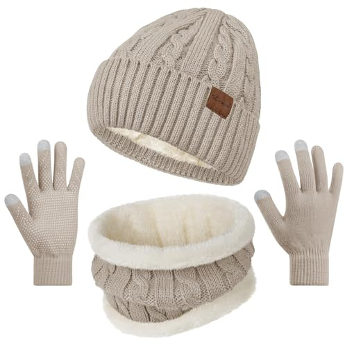Loritta 3 Pieces Winter Hats for Women Scarf Touch Screen Gloves Set Thick Warm Fleece Lined Beanie Hat Gifts, Z-S Apricot