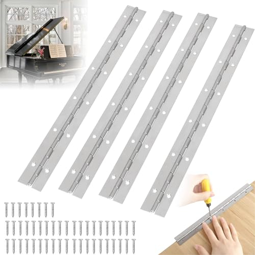 Charnière à barre de piano, Lot de 4 charnières de piano en acier inoxydable - Avec 48 vis - Pour pianos, portes d'armoire, armoires de bateau, 300 x 30 x 1,0 mm - Charnière de meubles