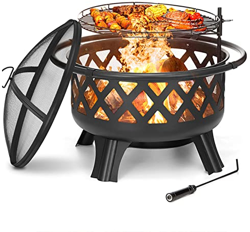 POCDOKYZ Foyer Extérieur pour la Maison, Bûches de Chauffage de Terrasse, Bol à Feu Rond avec Gril, Amovible, Sûr et Stable, Terrasse Extérieure/Chauffage/feu de Camp/Jardin/arrière-Cour de Camping