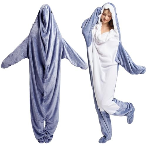 JESOHO Shark Blanket Hoodie Onesie Adult, Wearable Shark Blanket,Sleeping Bag,Soft Cozy Shark Costume,Cosplay Shark Costume Gift for Family and Friends (M-for:157cm~166cm Height)