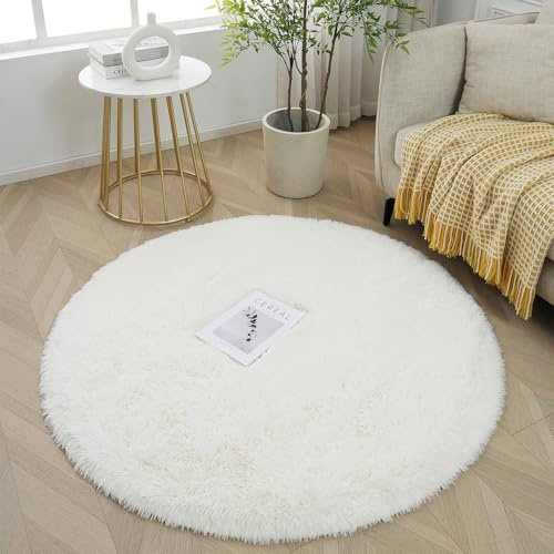 FREOSEN Vit rund barnrumsmatta, 120 cm lång, fluffig sängmatta, mjuk, lugg