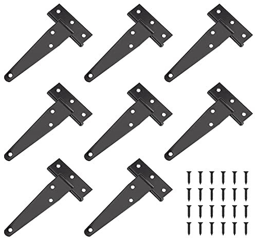 Bisagras en T, 8 Piezas Negro Bisagras Triángulo Puertas Madera Hierro con 48 Tornillos, Hardware para Puerta de Granero, Cobertizo, Jardín(4 Pulgadas)