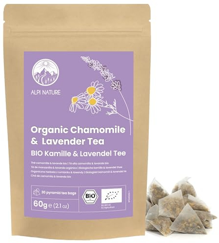 Alpi Nature Manzanilla-Lavanda Infusión Orgánica, 30 Bolsitas de Té Piramidales de 2g, Té de Manzanilla y Lavanda 60g