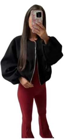 Ranian's Ladies Womens Zip Bomber Jacket Long Balloon Puff Sleeve Zipper Jumper Crop Top (UK, Numeric, 8, 14, Regular, Regular, Black)