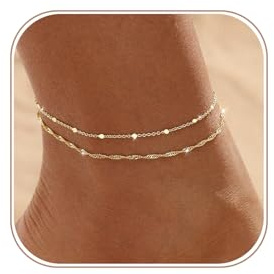 Tasiso Ankle Bracelets for Women 14K Gold/Silver Plated Waterproof Anklets | Adjustable Beaded Chain, Tarnish Free Layered Sparkling Dainty Leg Bracelets Set, Beach Summer Foot Jewelry in Gift Box