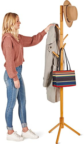 High-Grade Wooden Tree Coat Rack Stand, 6 Hooks, Super Easy Assembly NO Tools Required, 3 Adjustable Sizes Free Standing Hallway Coat Hanger Hat Stand, for Handbag Clothes & Accessories - Natural Wood