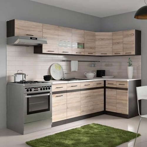 Générique JUNONA Cuisine d'angle Complete mélaminée L 3m40 avec LED - Décor Sonoma Bande décor wengé